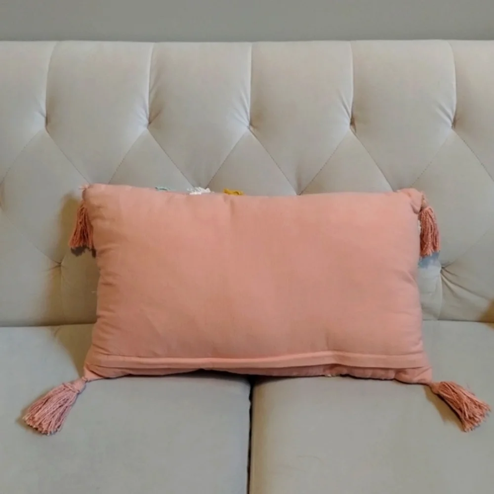 Boho Pillow Pink Cotton White Lumbar Tassel